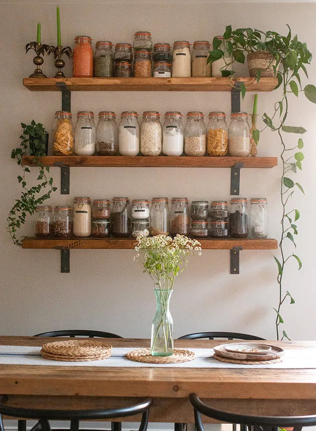 Traditional farmhouse dining room with open shelving by @IAMMEGLAM 