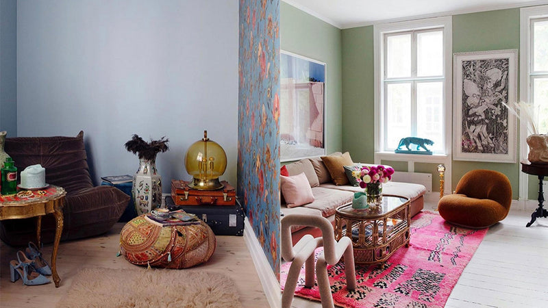 Two living rooms with colourful eclectic decor by Erica Mathiesen