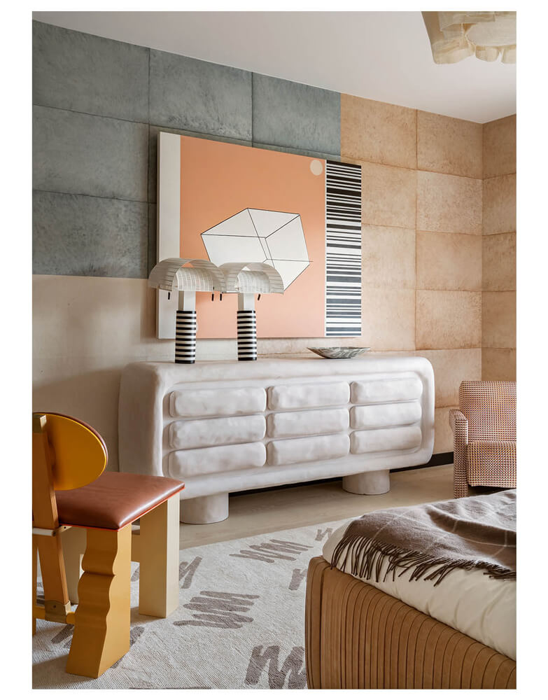 contemporary style bedroom with stone console table 