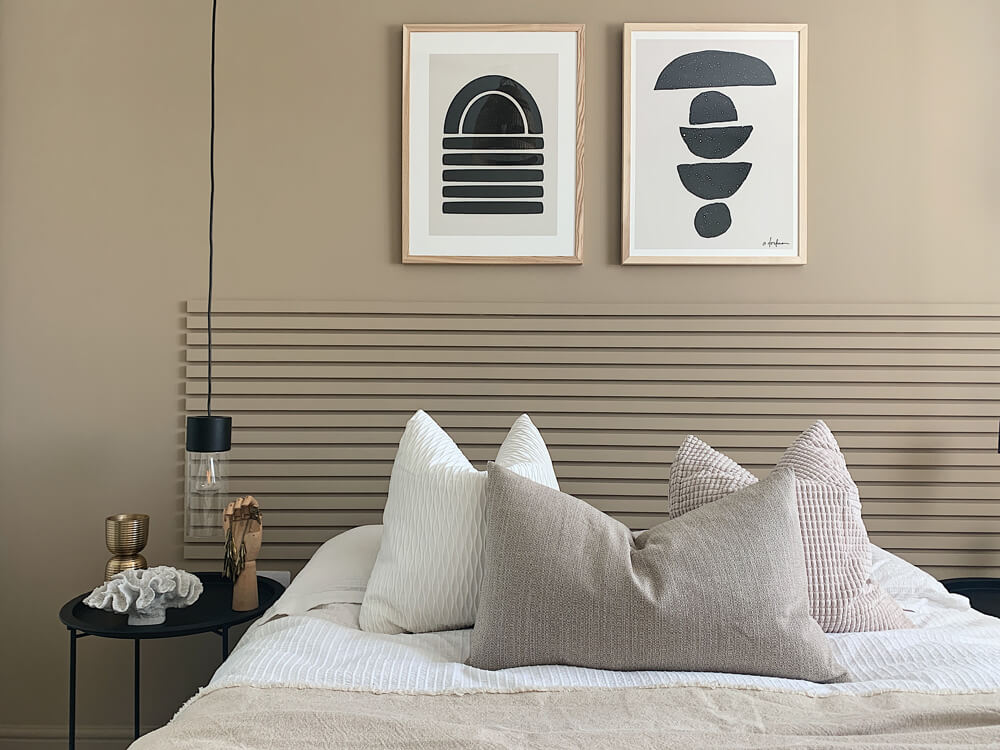 Panelled DIY headboard painted in Lick Beige 02 paint shade