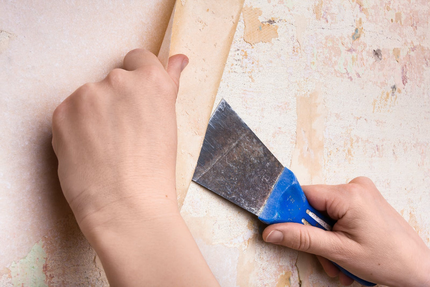Person removing wallpaper from wall with scraper 
