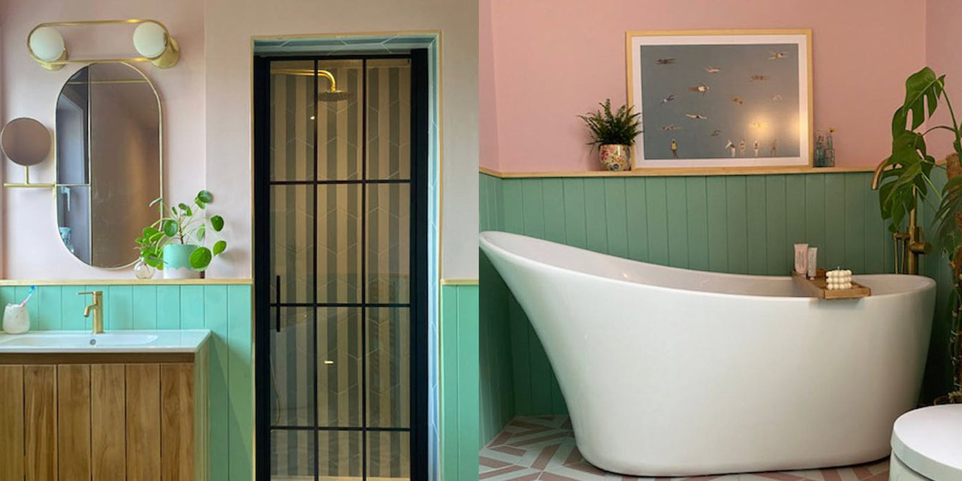 Painted bathroom in Lick paint Pink 03 and Green 08