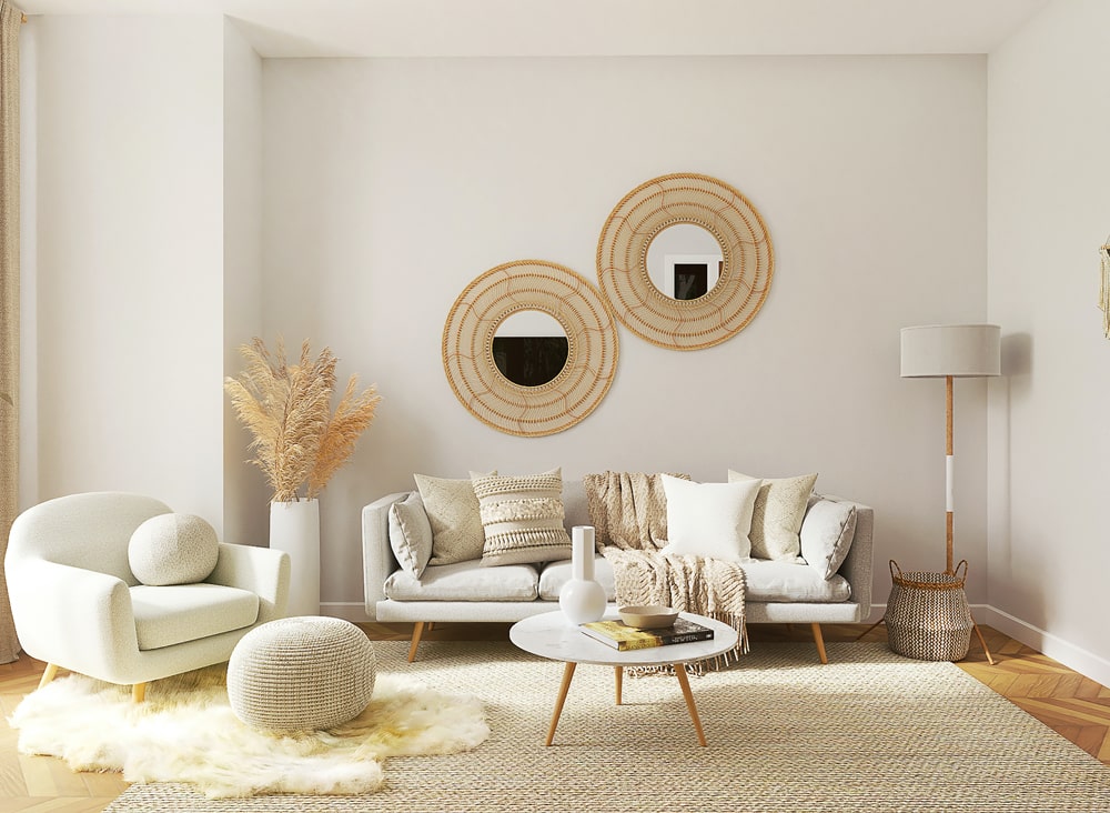 Boho Chic Living room with macrame mirrors 