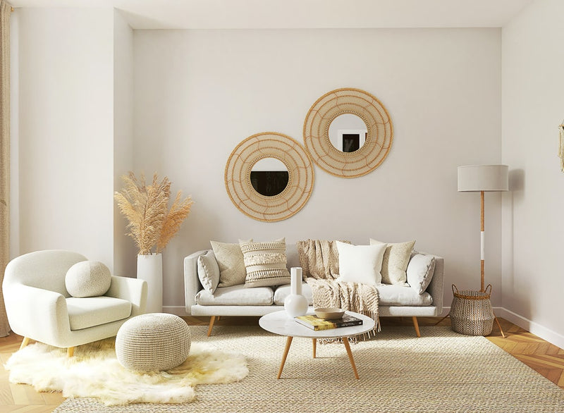 Boho Chic Living room with macrame mirrors 
