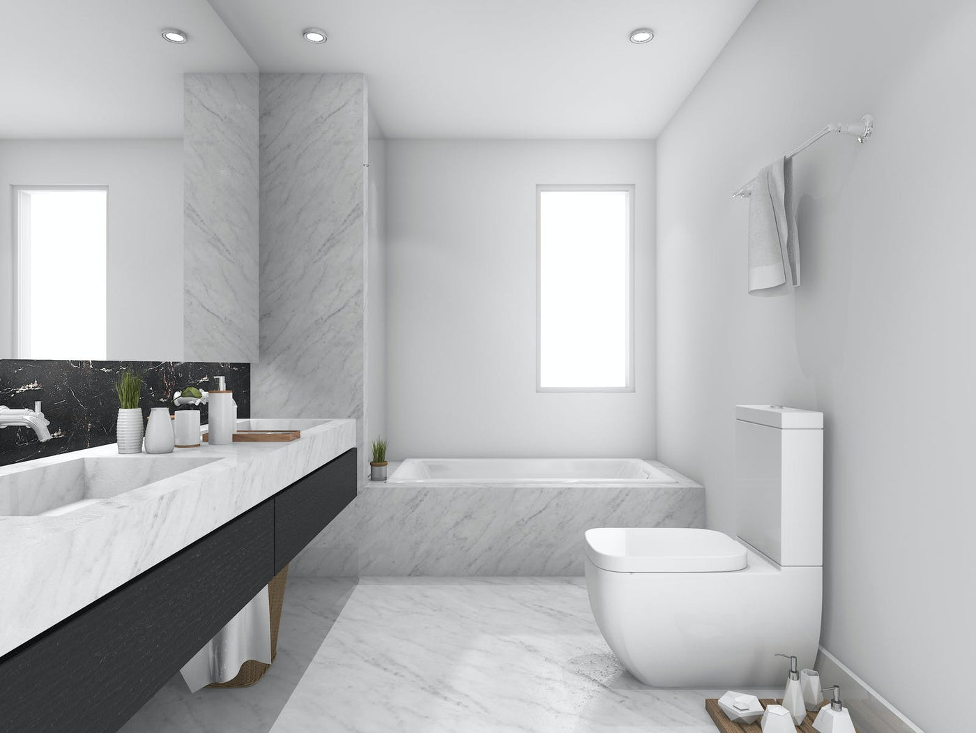 Modern bathroom with a white ceiling and marble countertops